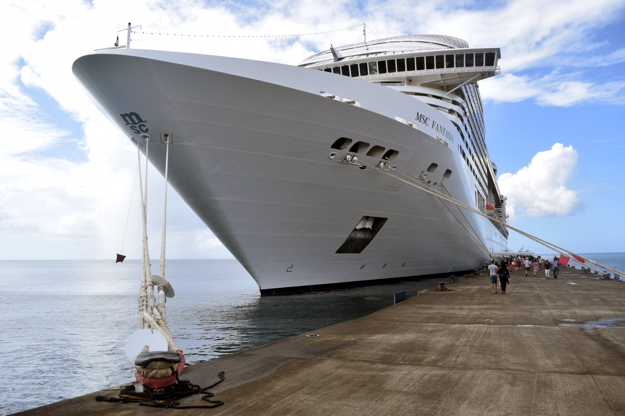 The MSC Fantasia docked somewhere in the Caribbean.